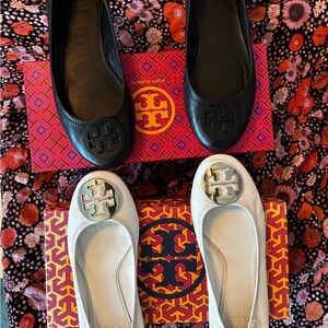 Two pairs Tory Burch Reva flat & Minnie Travel ballet flats both size 7.5 w/box